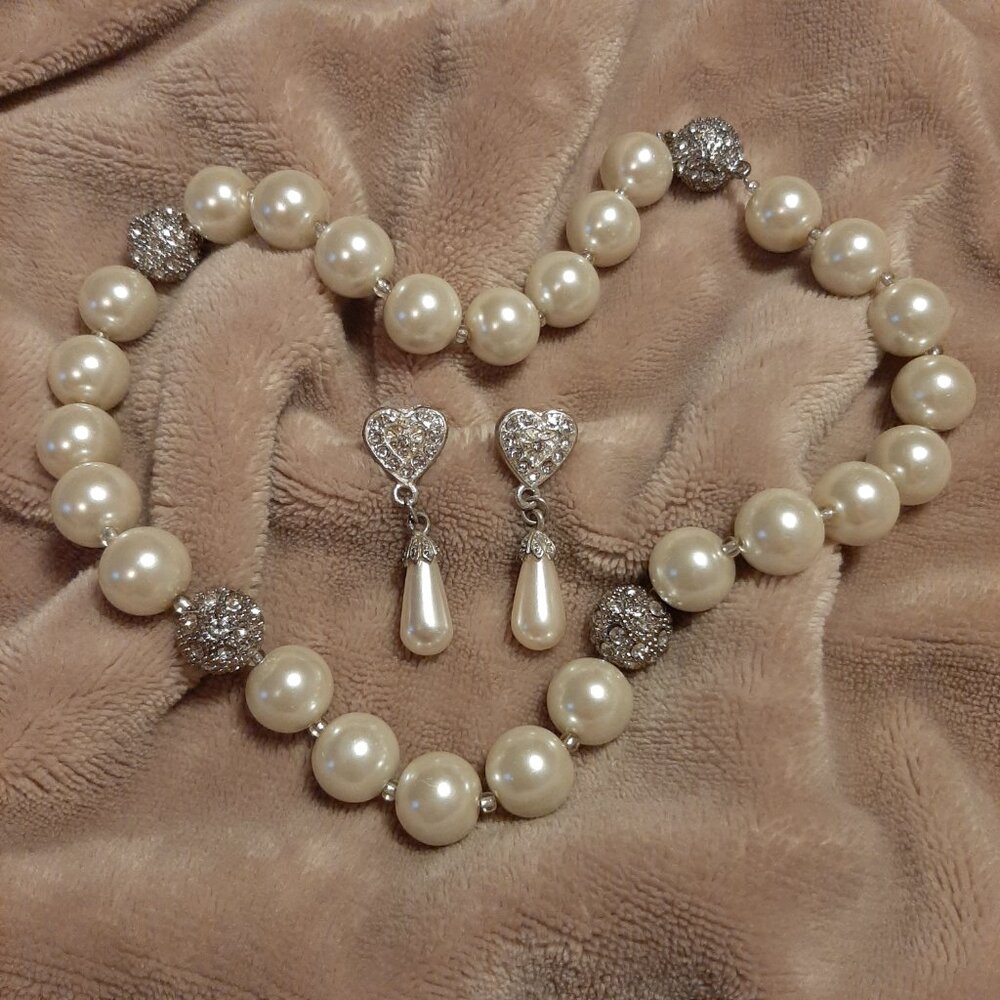 VINTAGE Ivory Pearl Drop Earrings and Necklace Set w Crystals | Coastal Grandma